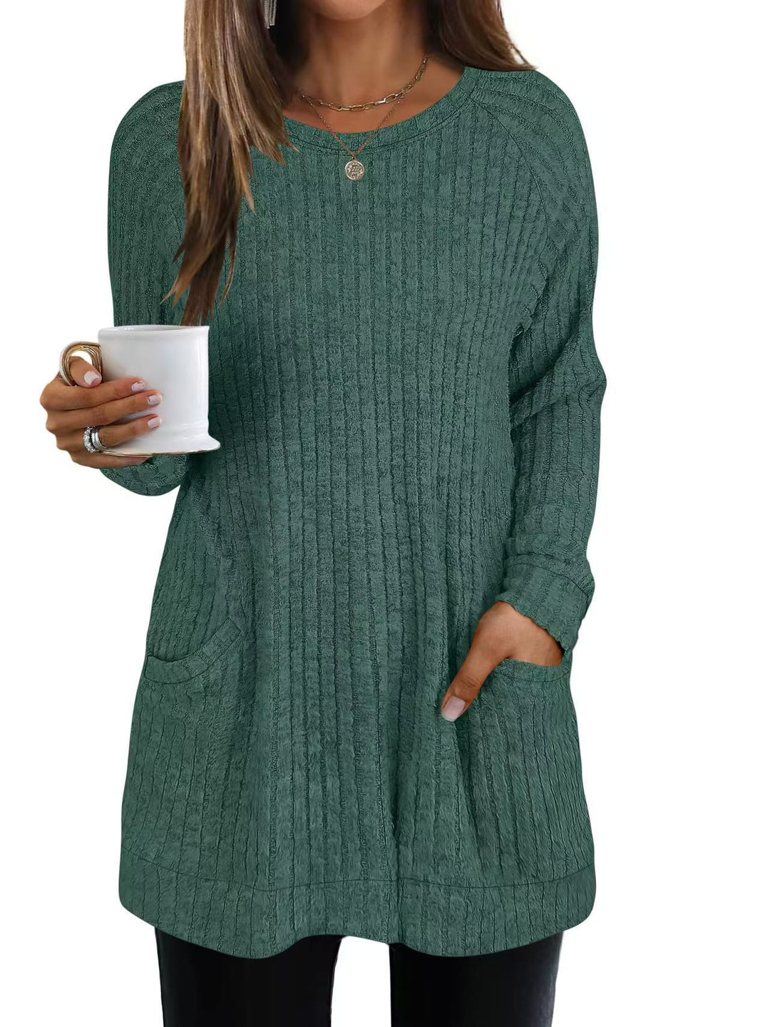 Damen lässiger Strickpullover mit seitlichen Eingrifftaschen und Rippenstruktur R&B