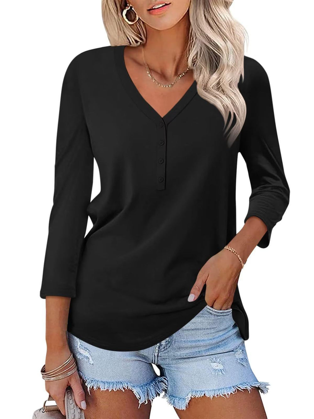 Damen Langarm T-Shirt mit Knopfleiste und V-Ausschnitt R&B
