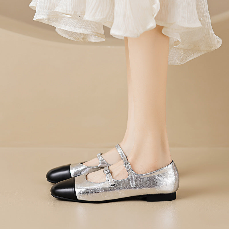 Damen Ballerinas mit doppeltem Riemen und metallic Obermaterial