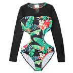 Damen Einteiler Badeanzug mit floralen Cut-Outs und transparenten Ärmel-Details R&B