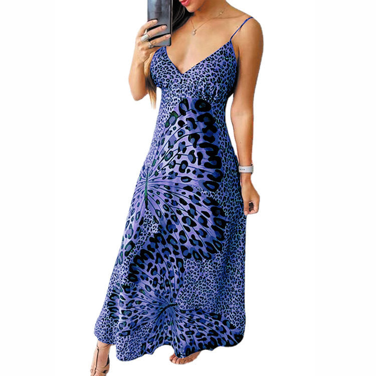 Damen Maxikleid mit feinem Spaghettiträger-Design und auffälligem Tiermuster R&B