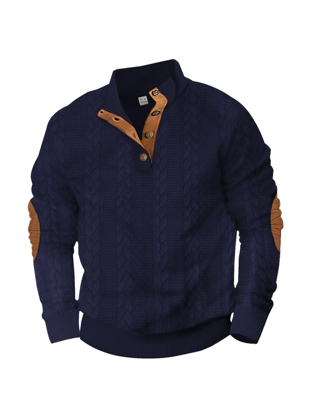 Herren nan lässiger Zopfstrickpullover mit verstärkter Knopfleiste und Wildleder-Ellenbogenpatches R&B