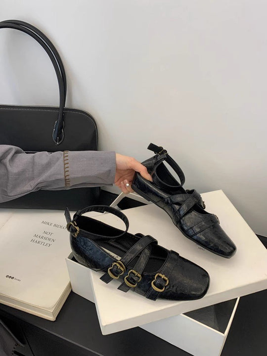 Damen elegante Ballerinas mit modischen Riemchen und verstellbaren Schnallen R&B