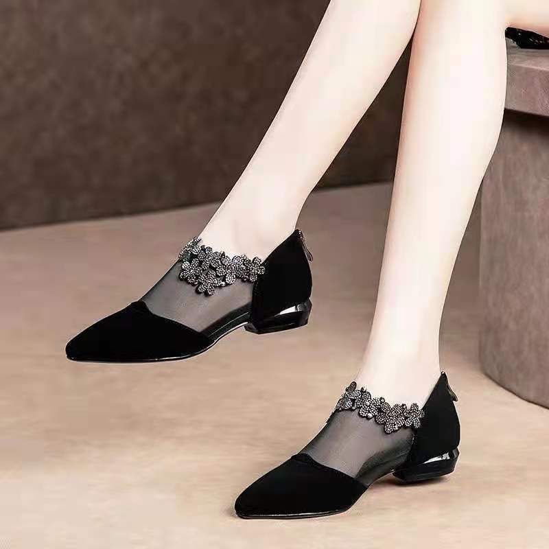 Damen elegante Ballerinas mit durchsichtigen Einsätzen und dekorativem Schmuck R&B