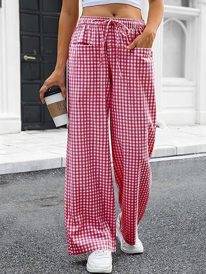 Damen Weit geschnittene Karohose mit elastischem Bund und praktischen Taschen R&B