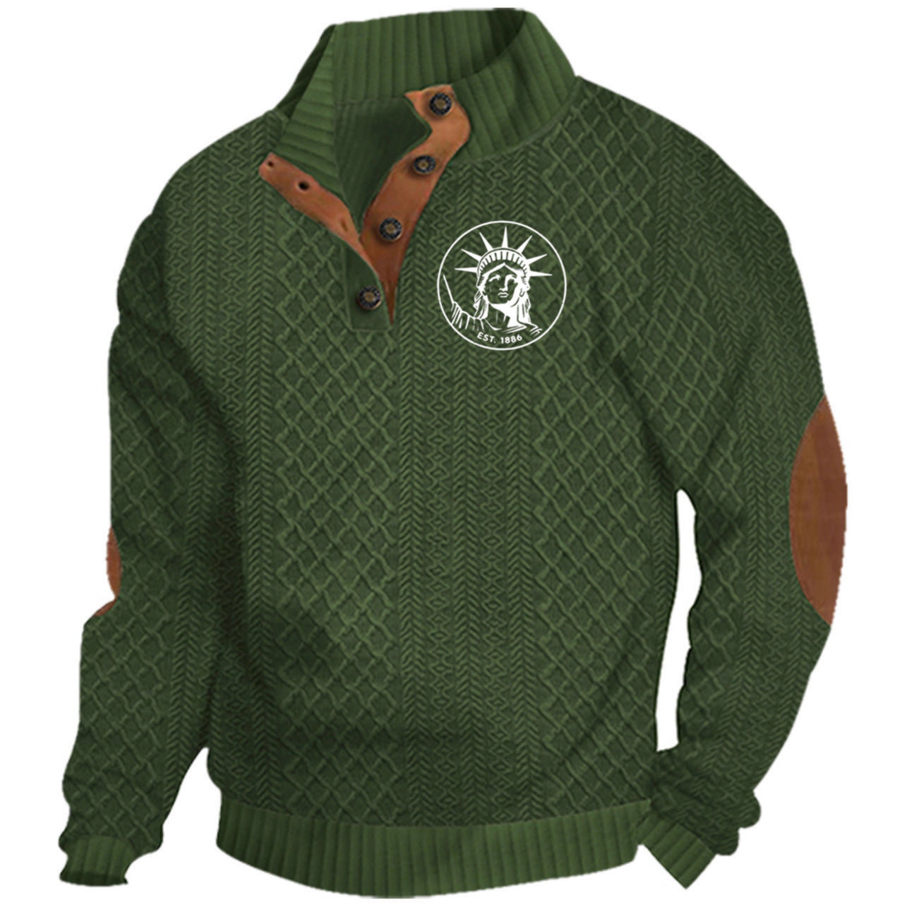 Herren nan Heritage-Strukturpullover mit Stehkragen Lederimitat-Besatz Ellenbogen-Patches und Halbknopfleiste R&B