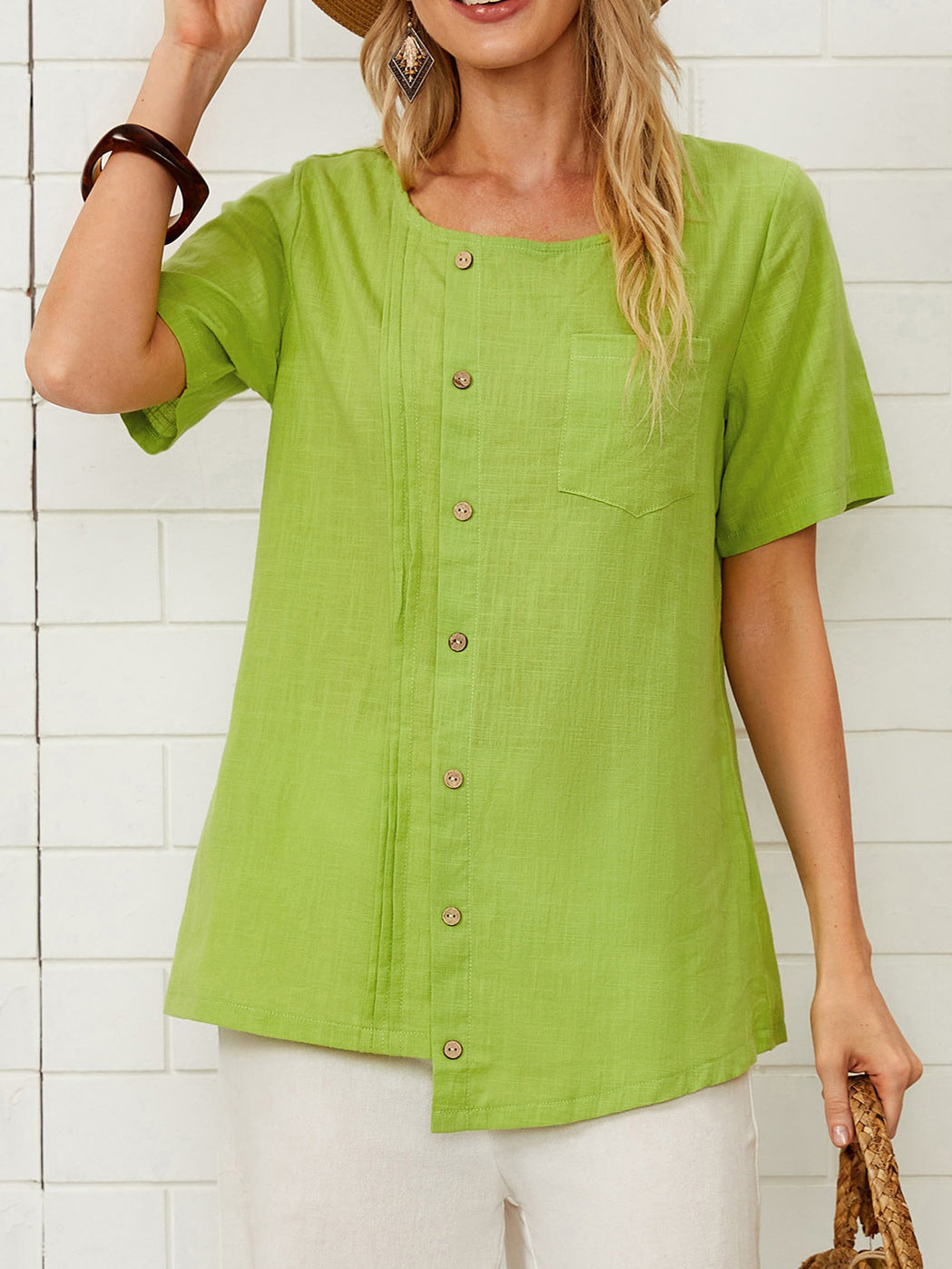 Damen lässiges Knopfharmonshirt aus leichtem Material mit Brusttasche R&B