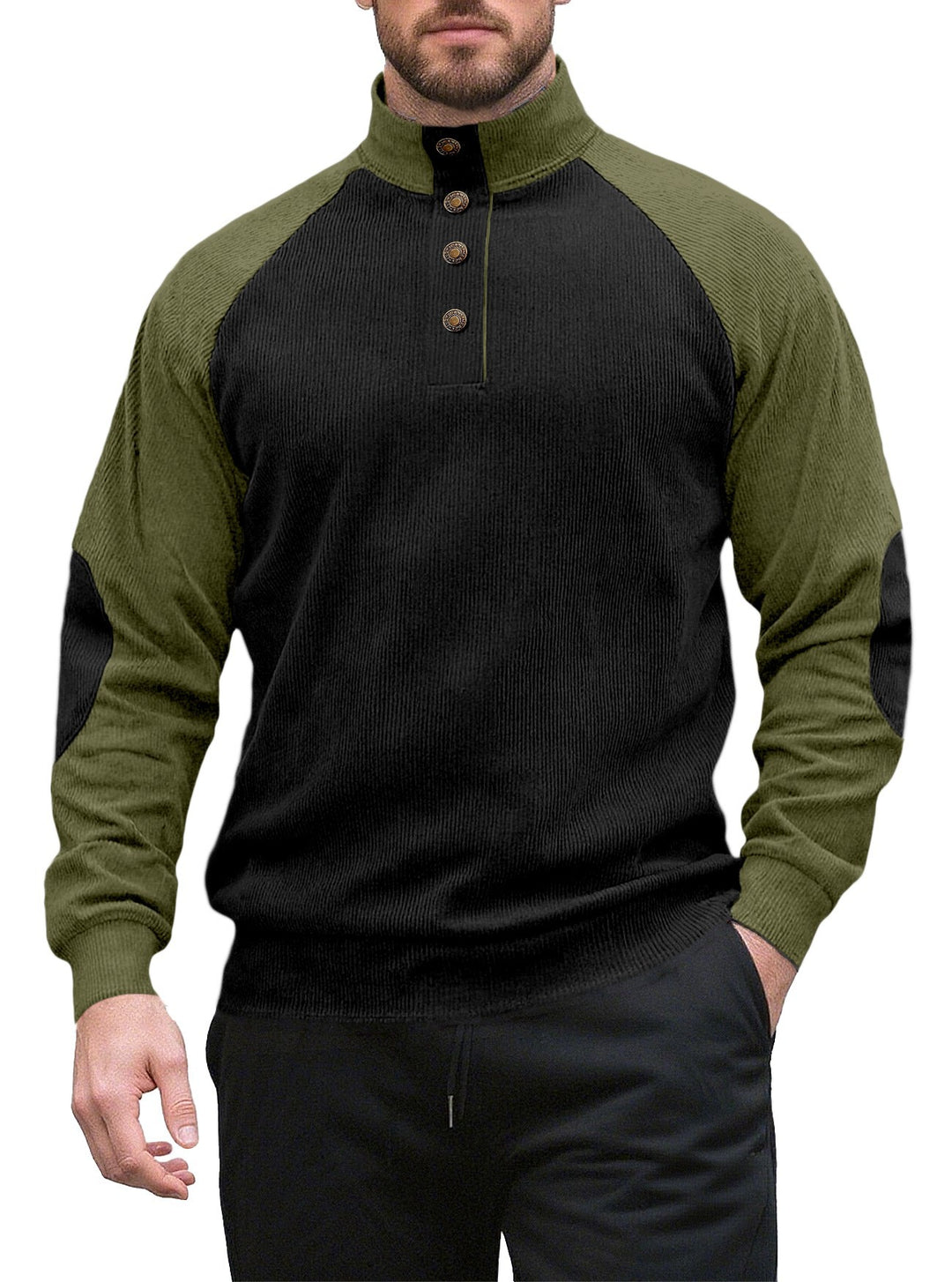 Herren nan zweifarbiger Ripptroyer mit asymmetrischer Knopfleiste und Velours-Ellbogenpatch R&B
