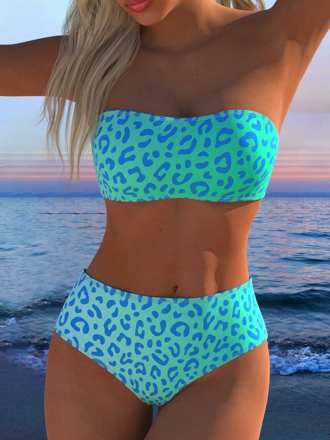 Damen Bandeau Bikini-Set mit tierischem Muster und hohem Taillenbund R&B