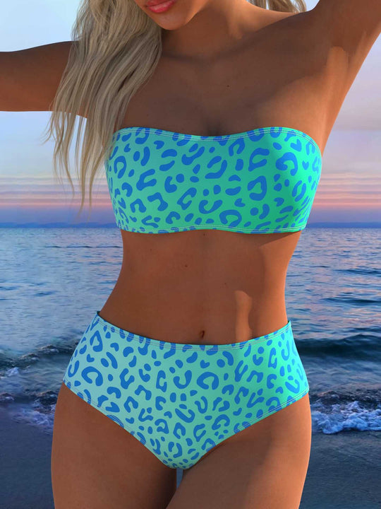 Damen Bandeau Bikini-Set mit tierischem Muster und hohem Taillenbund R&B