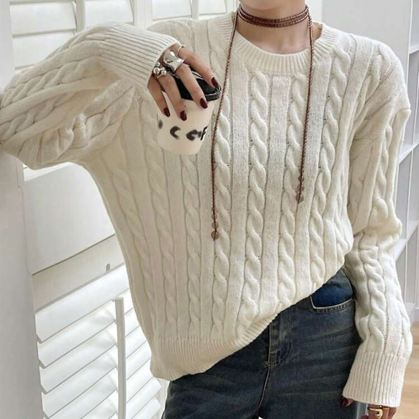 Damen Grobstrickpullover mit Zopfmuster und weiten Ärmeln