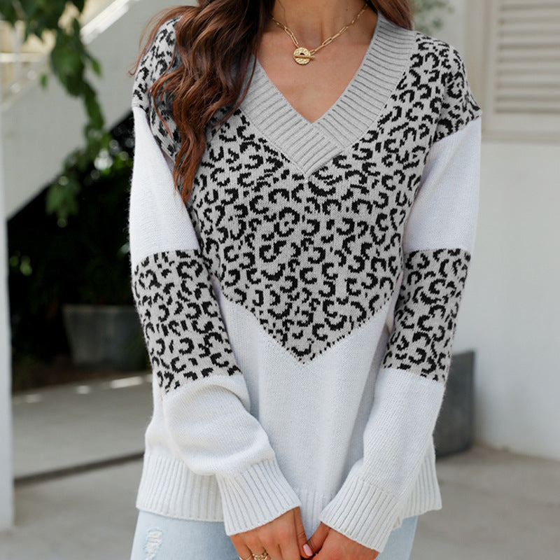 Damen Modischer Pullover mit einzigartigem Leopardenmuster und V-Ausschnitt R&B