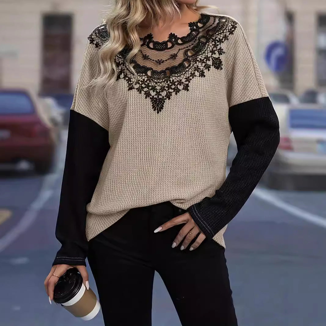 Damen Elegantes Strickoberteil mit gehäkeltem Spitzenkragen