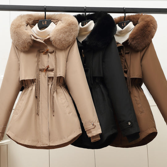Damen Wattierte Winterjacke mit abnehmbarem Kunstfellkragen und Taillenzug R&B