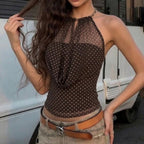 Damen Elegantes Neckholder-Top mit transparenten Akzenten und verspieltem Punkte-Design R&B