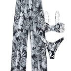 Damen Badeoutfit mit floralem Oberteil und transparenten Palazzohosen R&B