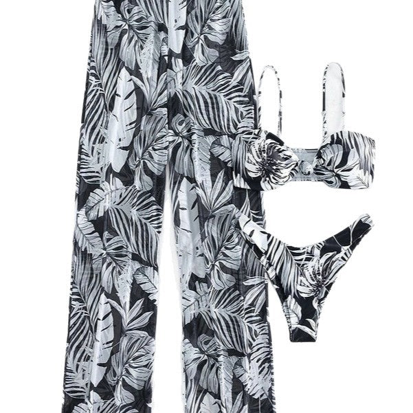 Damen Badeoutfit mit floralem Oberteil und transparenten Palazzohosen R&B