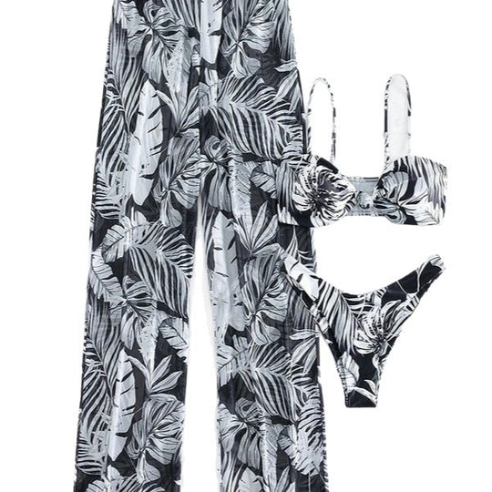 Damen Badeoutfit mit floralem Oberteil und transparenten Palazzohosen R&B