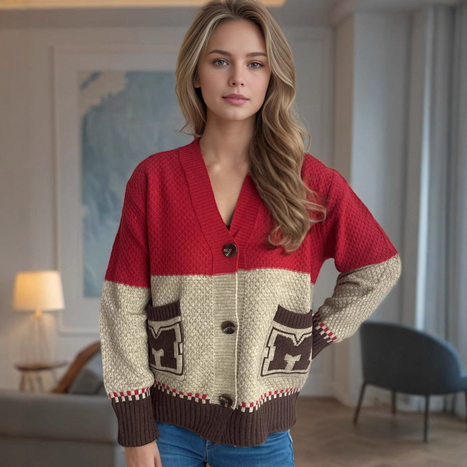 Damen Strickjacke mit dekorativen Taschen und modernem Farbblockdesign R&B