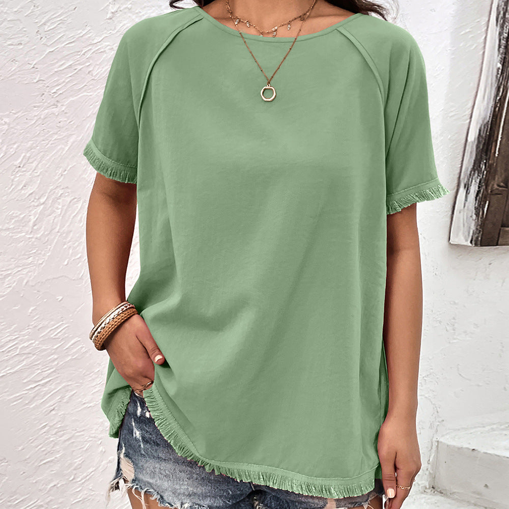 Damen lässiges T-Shirt mit fransigen Ärmeln und Rundhalsausschnitt R&B