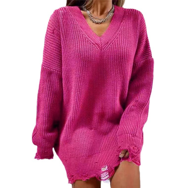 Damen Lässiger Pullover im Oversized-Stil mit V-Ausschnitt und lässigen Fransen R&B