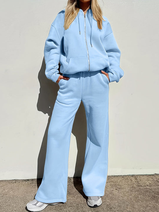 Damen bequemer und stilvoller Loungewear-Anzug mit zipbarem Hoodie und weitem Bein R&B