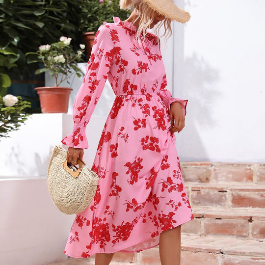 Damen Maxikleid mit floralem Print und angenähtem Bindeband R&B