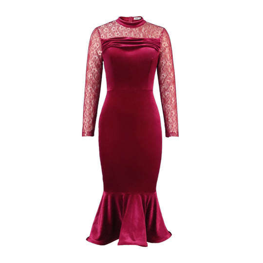 Damen Elegant Fit-and-Flare Kleid mit Spitzenärmeln R&B