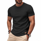 Herren nan schlankes Rundhals-T-Shirt aus glattem Stretchjersey mit dezenter Leder-Logoapplikation R&B