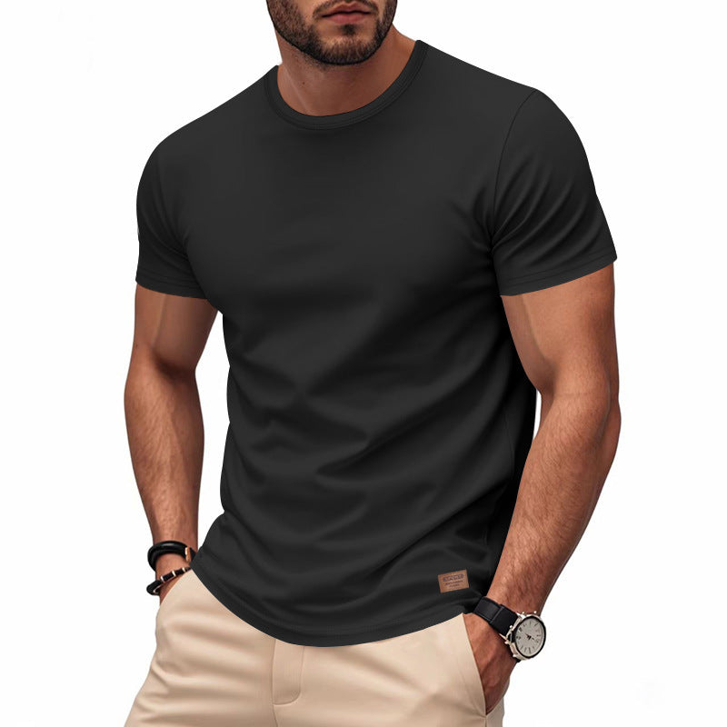 Herren nan schlankes Rundhals-T-Shirt aus glattem Stretchjersey mit dezenter Leder-Logoapplikation R&B