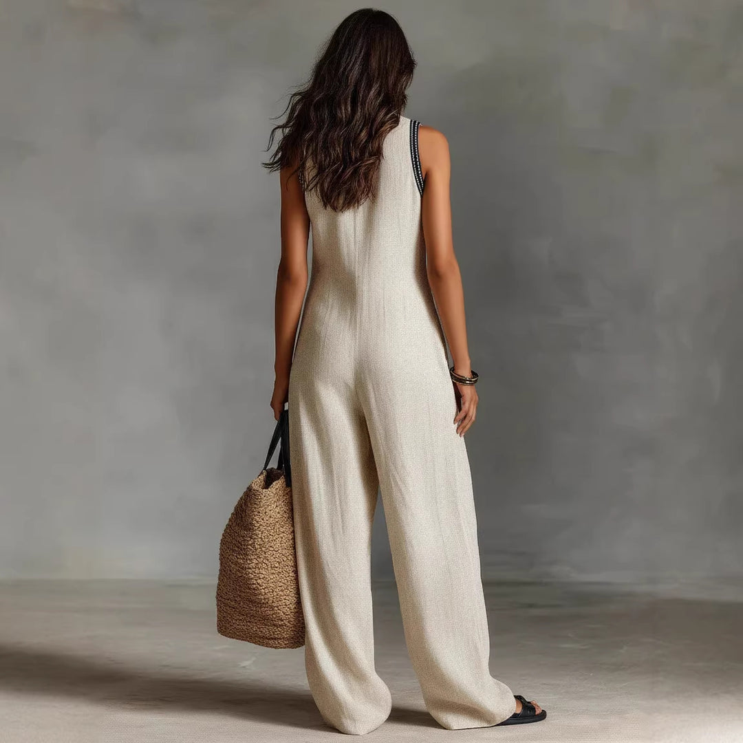 Damen luftiger Jumpsuit mit elegantem V-Ausschnitt und besticktem Kragen R&B