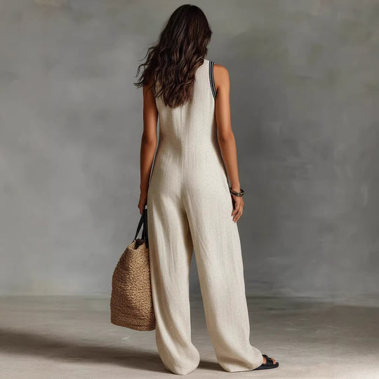 Damen luftiger Jumpsuit mit elegantem V-Ausschnitt und besticktem Kragen R&B