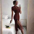 Damen Midi-Kleid mit Knopfdetail und seitlichem Schlitz R&B