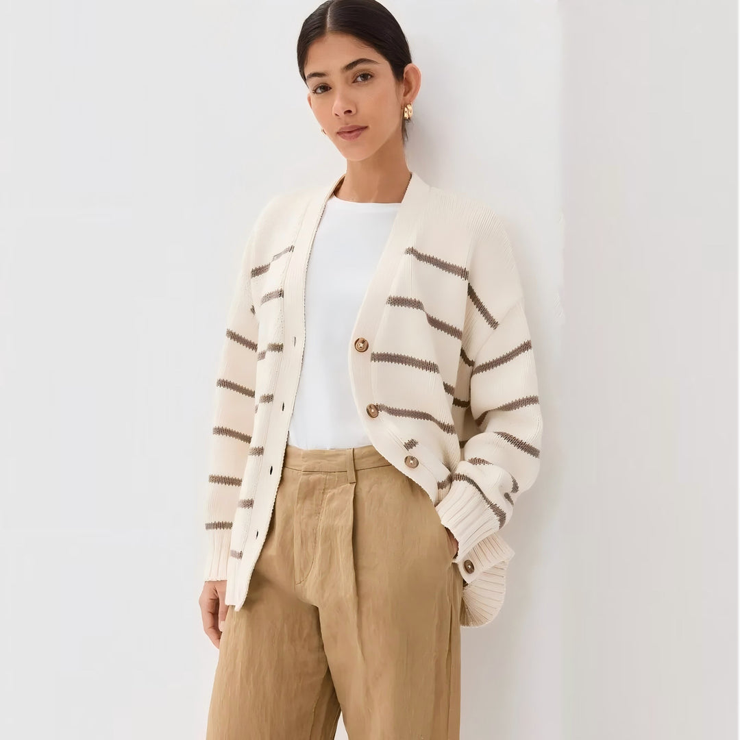 Damen Modischer Streifen-Cardigan mit Knopfleiste und lässigem Schnitt R&B