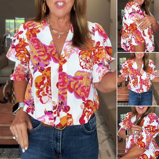Damen nan lockere Bluse mit gerafften Puffärmeln und Knopfleiste R&B