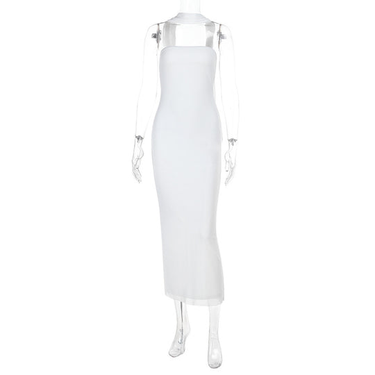 Damen elegantes Maxikleid mit hohem Kragen und figurformendem Schnitt R&B