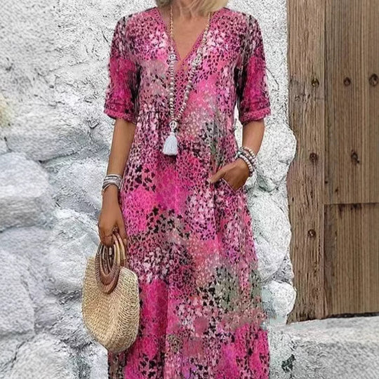 Damen Elegantes Maxikleid mit tiefem V-Ausschnitt und kurzen Ärmeln R&B