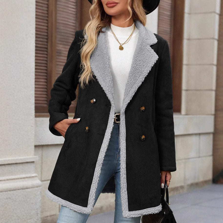 Damen Modische Oversized-Jacke mit Teddyfutter und doppelter Knopfleiste R&B