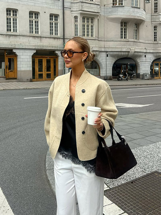 Damen lässige Wolljacke mit Knopfdetails und voluminösen Ärmeln R&B