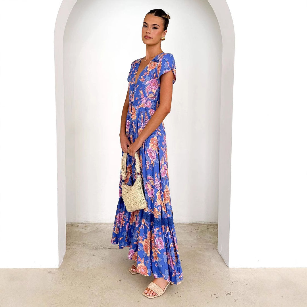 Damen Maxikleid mit tiefem V-Ausschnitt und romantischem Blumenmuster R&B