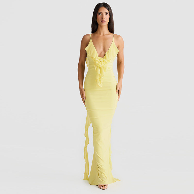 Damen Elegantes Kleid mit fließendem Rüschen-Detail und langen Bändern R&B