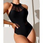 Damen Hochtaillierter Einteiler Badeanzug mit transparenten Einsätzen R&B