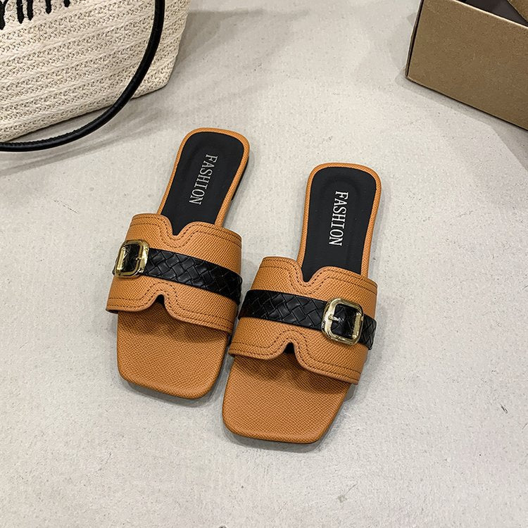 Damen Slide-Sandalen mit modischem Riemendesign und glänzendem Schnallenakzent R&B
