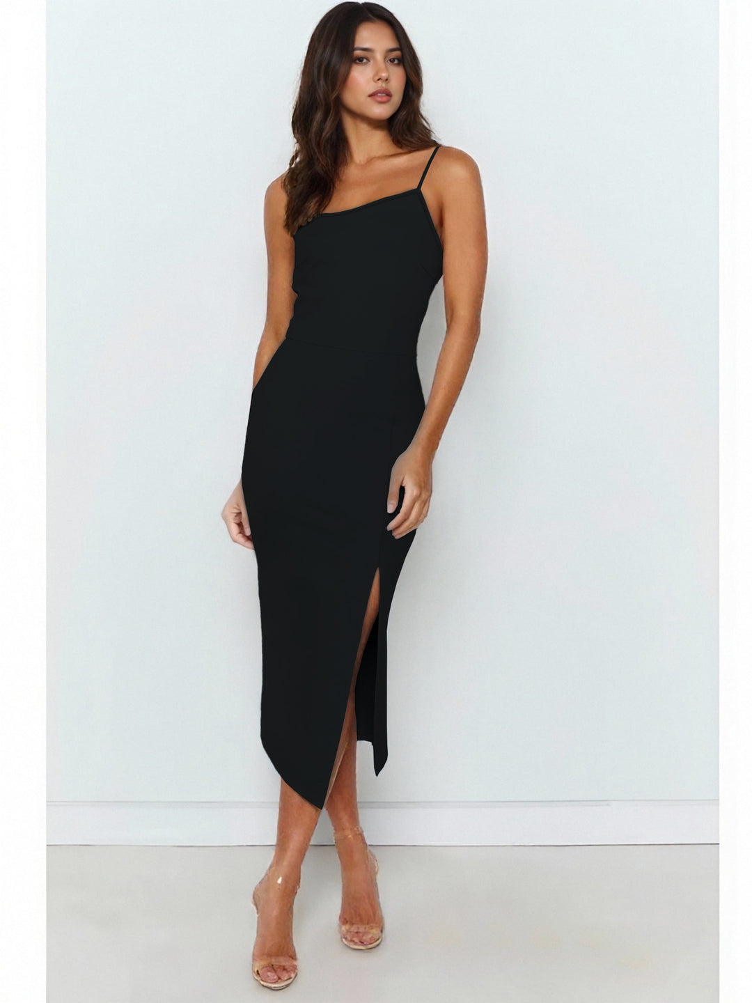 Damen Elegantes Midi-Kleid mit asymmetrischem Saum und Schlitz R&B