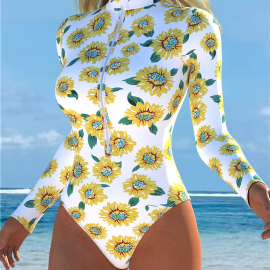 Damen Einteiler Badeanzug mit modischem Blumenmuster und hohem Kragen R&B