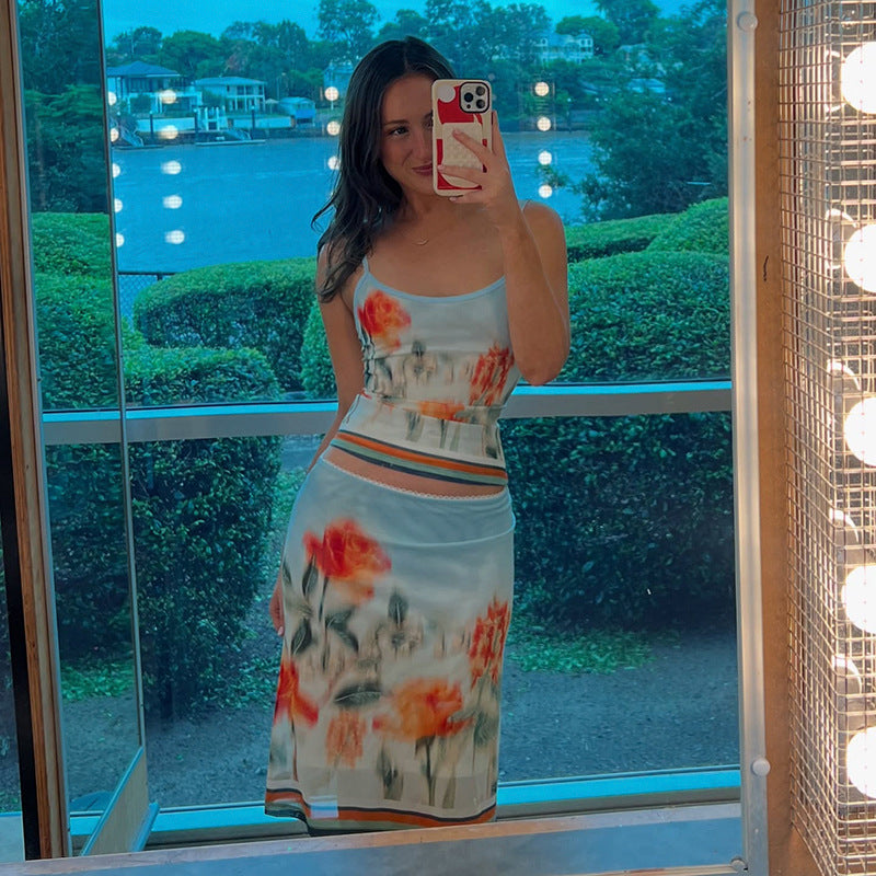 Damen Spaghettiträgertop mit floralem Print und feinem Bund R&B