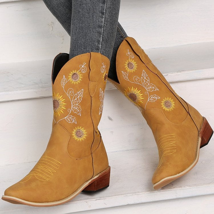 Damen Cowboy-Stiefel mit floralem Stickdesign und robustem Blockabsatz R&B