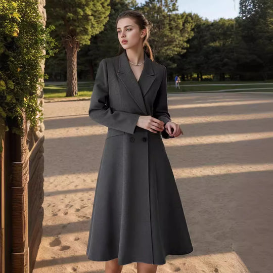 Damen eleganter Maximantel mit doppelter Knopfreihe und weit schwingendem Rock R&B