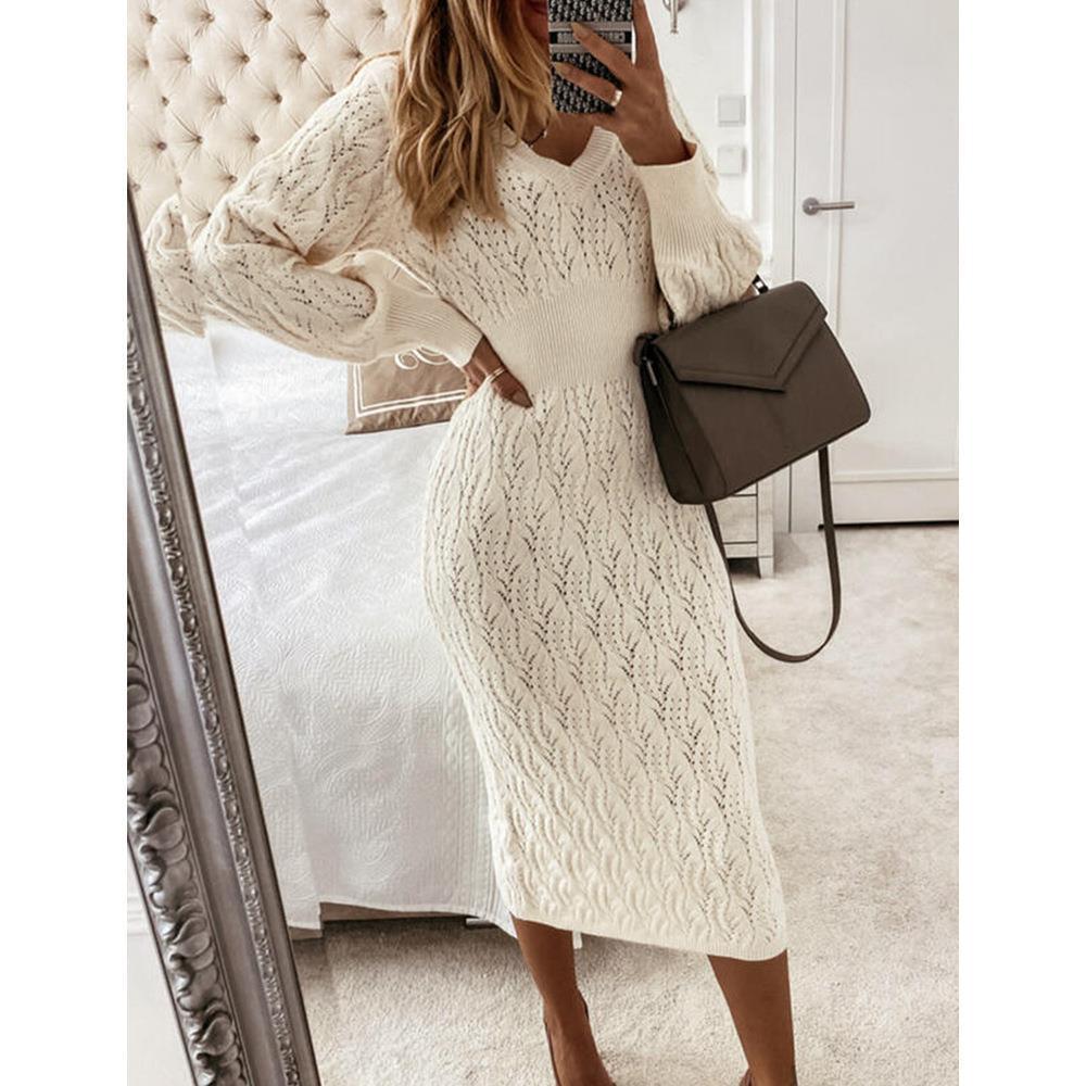Damen Strickkleid mit halbtransparentem Muster und schickem V-Ausschnitt R&B