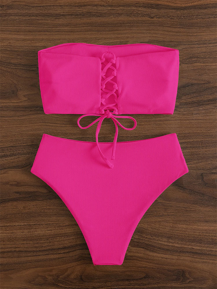 Damen Bandeau-Bikini mit hohem Bund und feinen Streifen R&B